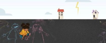 child playing with chalk on playground - in the background two houses are split by lightning